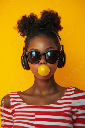 Young girl with headphones blowing bubble gum against a bright yellow background
