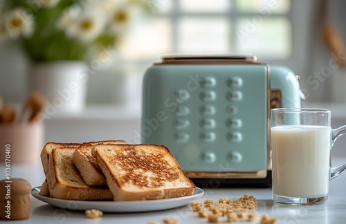 Cozy kitchen interior with a toasted bread breakfast setting and fresh milk o...