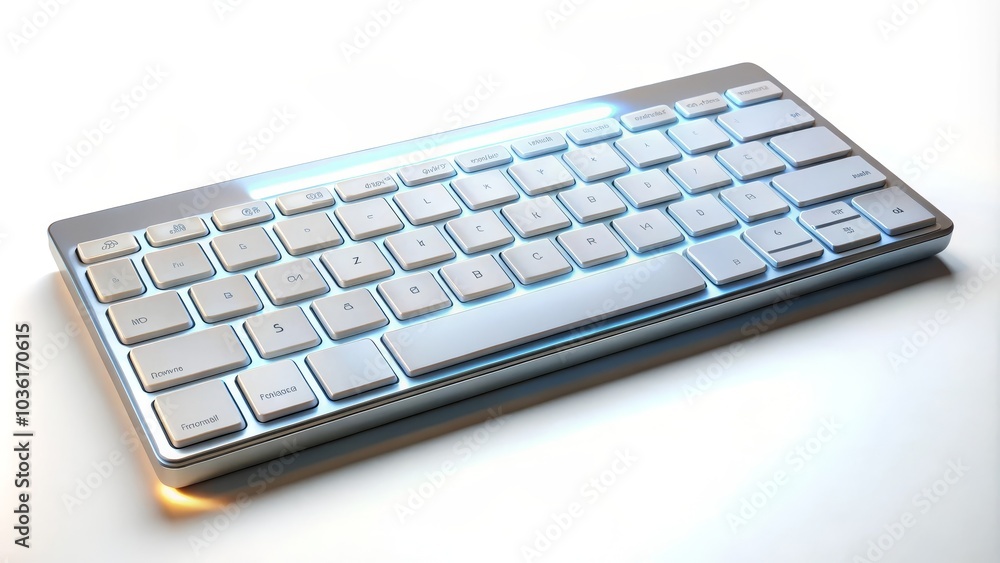 Modern aluminum keyboard is glowing on a white tabletop Modern aluminum keyboard is glowing on a white tabletop