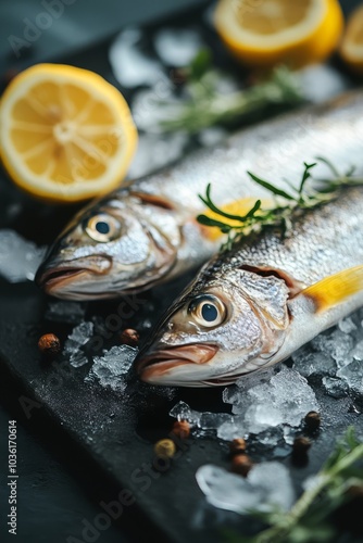 Freshly caught fish displayed on ice with lemon garnishes in a seafood restau...