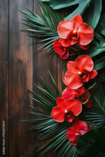 Vibrant red orchids and green palm leaves arranged artistically on a textured...
