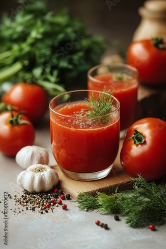 Freshly prepared tomato juice garnished with herbs on a kitchen countertop wi...