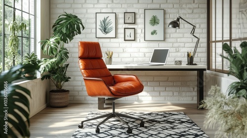 Stylish home office with a cozy desk, plants, and wall art in a modern interi...