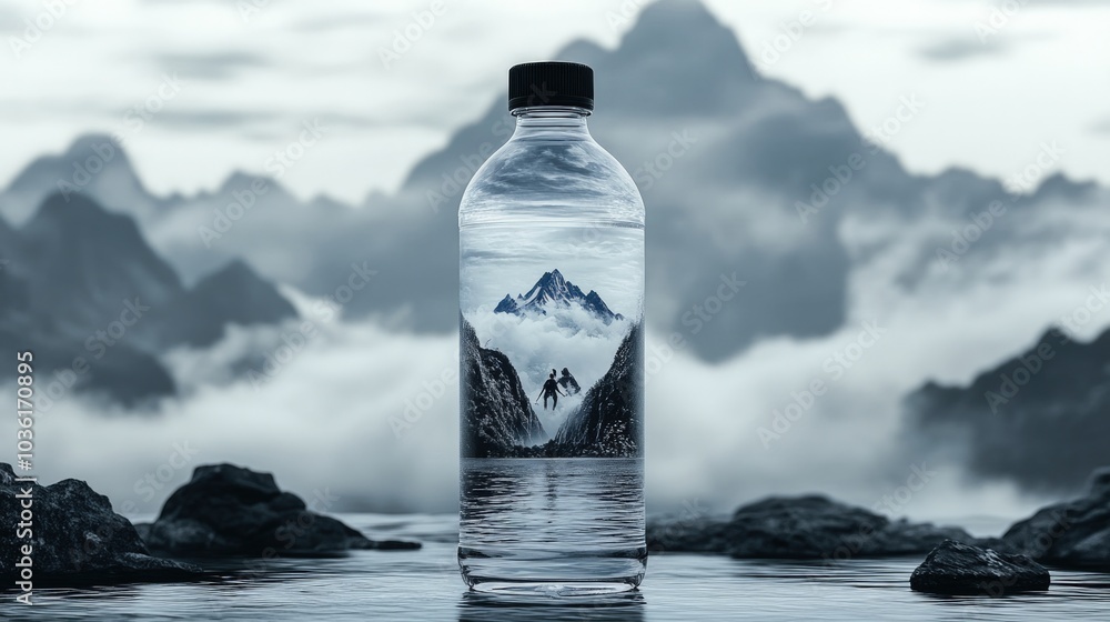 A plastic water bottle with a mountain scene reflected inside, in front of a mountain background. A plastic water bottle with a mountain scene reflected inside, in front of a mountain background.