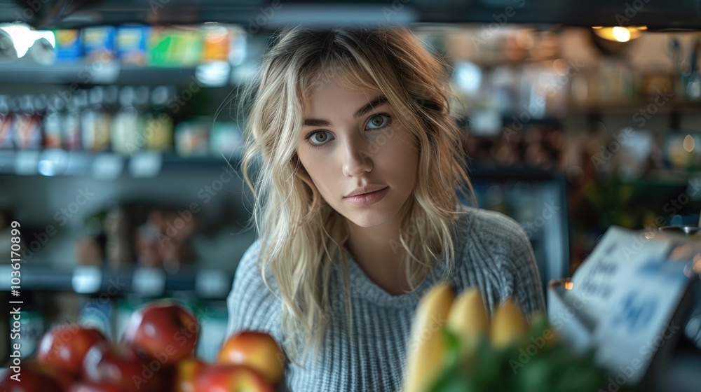 Portrait of young woman standing near shelf full of fruits in supermarket
