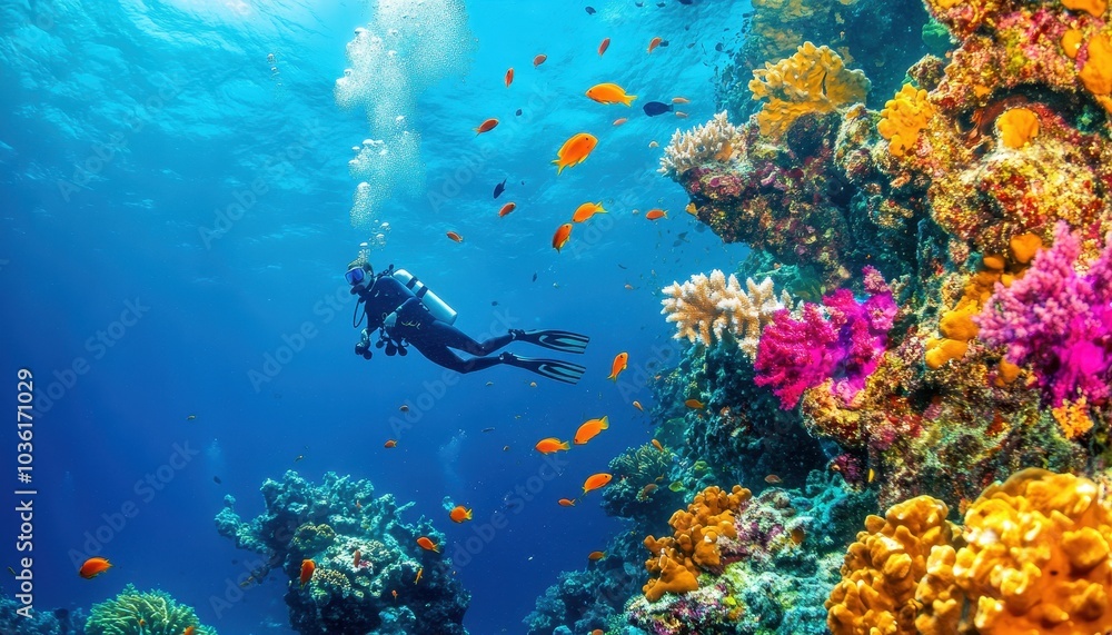 Diver exploring vibrant coral reefs in clear blue waters during daytime Diver exploring vibrant coral reefs in clear blue waters during daytime