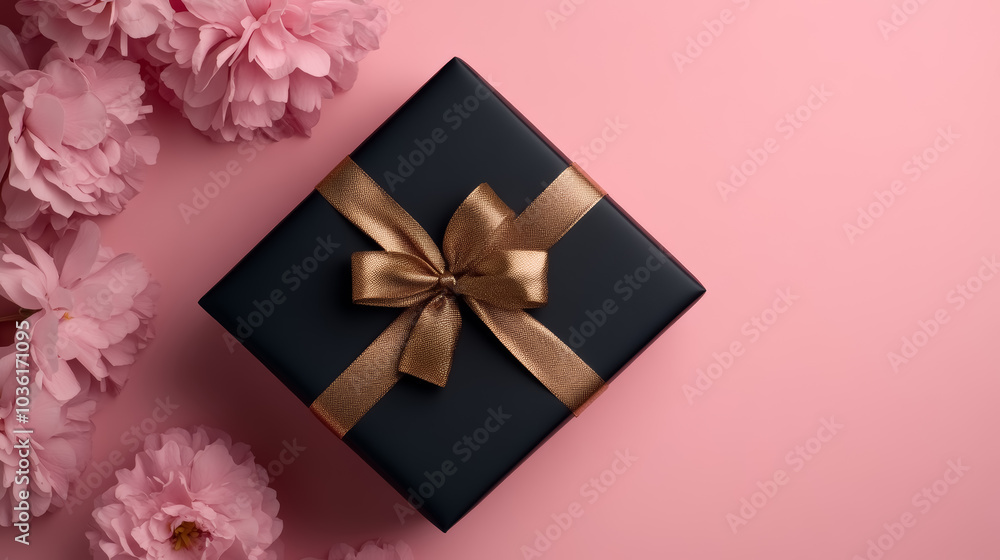 elegant black gift box with gold ribbon surrounded by pink flowers on pink background elegant black gift box with gold ribbon surrounded by pink flowers on pink background