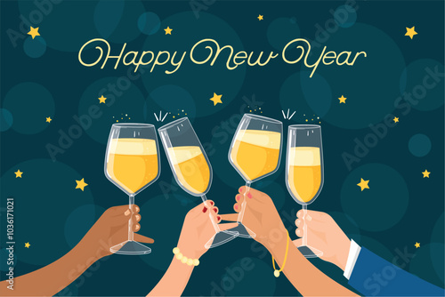 New Year toast with hands holding champagne glasses, Vector