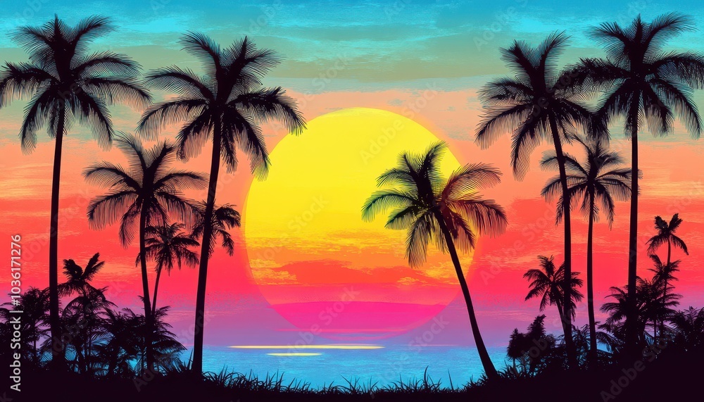 Colorful sunset over palm trees on a tropical beach in the evening sky Colorful sunset over palm trees on a tropical beach in the evening sky