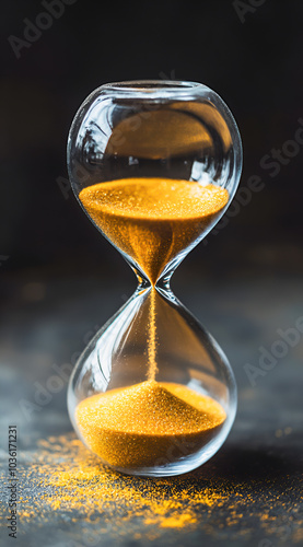 Minimalist hourglass with white sand flowing against beige background.