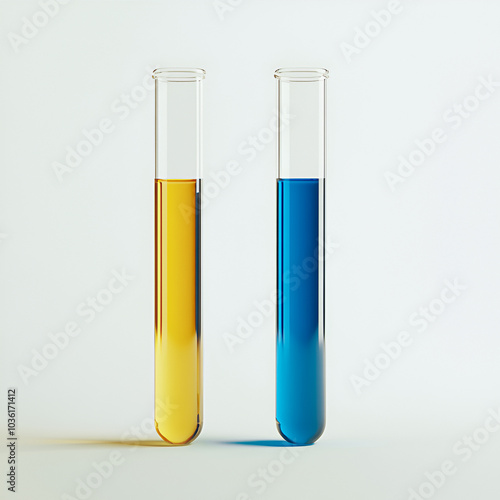 Two test tubes with blue and yellow liquids standing side by side on clean white surface 