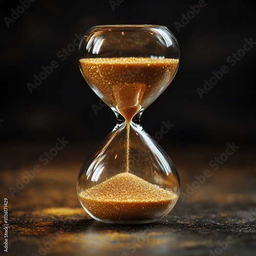 Minimalist hourglass with white sand flowing against beige background.