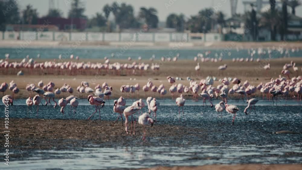 View of a huge colony of lesser flamingos Phoenicopterus minor. Flying close to flamingos near Walvis Bay in Namibia. View of a huge colony of lesser flamingos Phoenicopterus minor. Flying close to flamingos near Walvis Bay in Namibia.