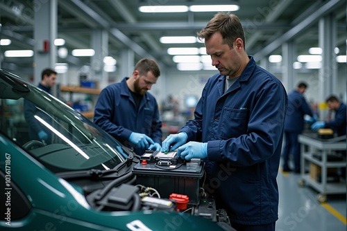 Technicians Repairing Electric Vehicle Batteries in Workshop