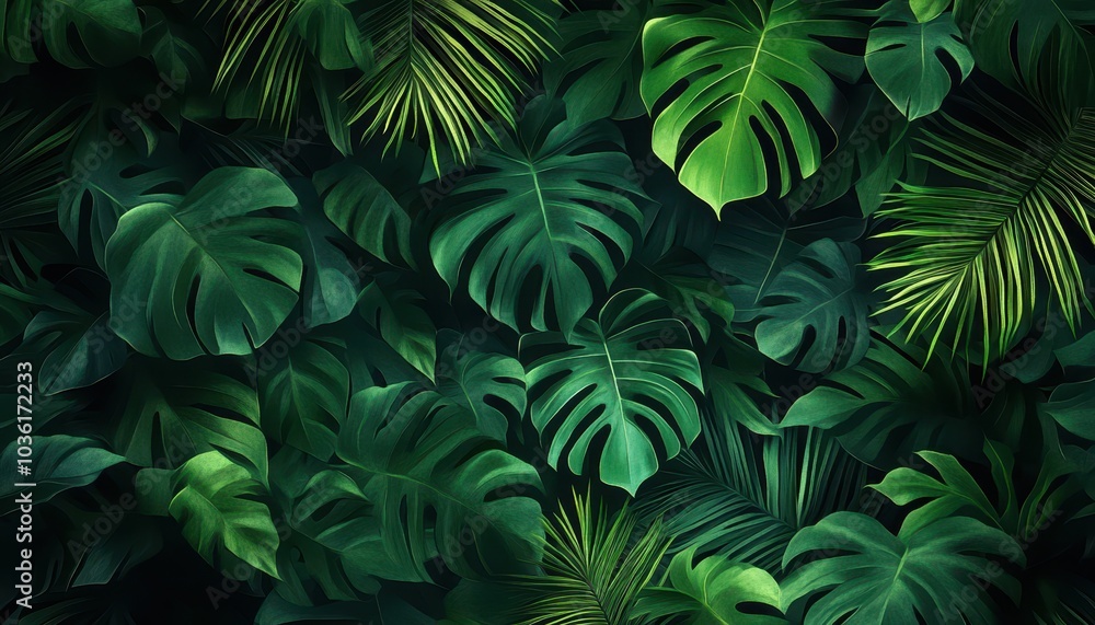 Lush tropical leaves blanket the ground in a vibrant daytime jungle Lush tropical leaves blanket the ground in a vibrant daytime jungle