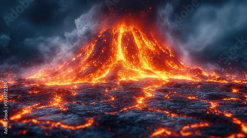 Prehistoric landscape from 10,000 BC, features active volcanoes and lava flows that can be both dramatic and dangerous. Spewing of molten lava and ash resulting in formation of lavic stone