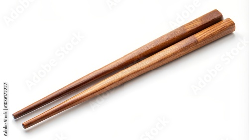 Two wooden chopsticks are lying on a white background, casting subtle shadows