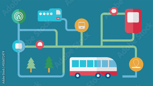 Transit Map with Symbols A simplified transit map outlining bus and train routes featuring symbols indicating accessible stations and services directly on the map for easy