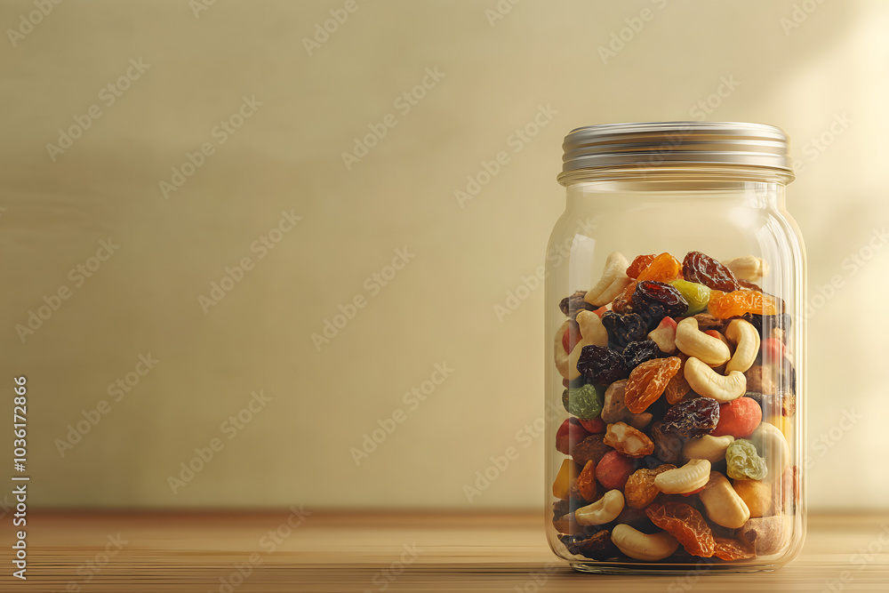 Cashew nut and dried fruit in jar with light wooden background. Cashew nut and dried fruit in jar with light wooden background.