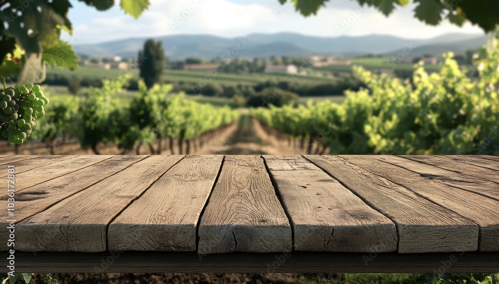 A rustic wooden table overlooking a serene vineyard landscape at sunrise A rustic wooden table overlooking a serene vineyard landscape at sunrise
