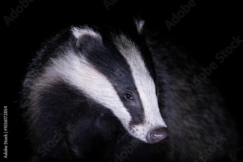 Close-up of a European badger in the dark.