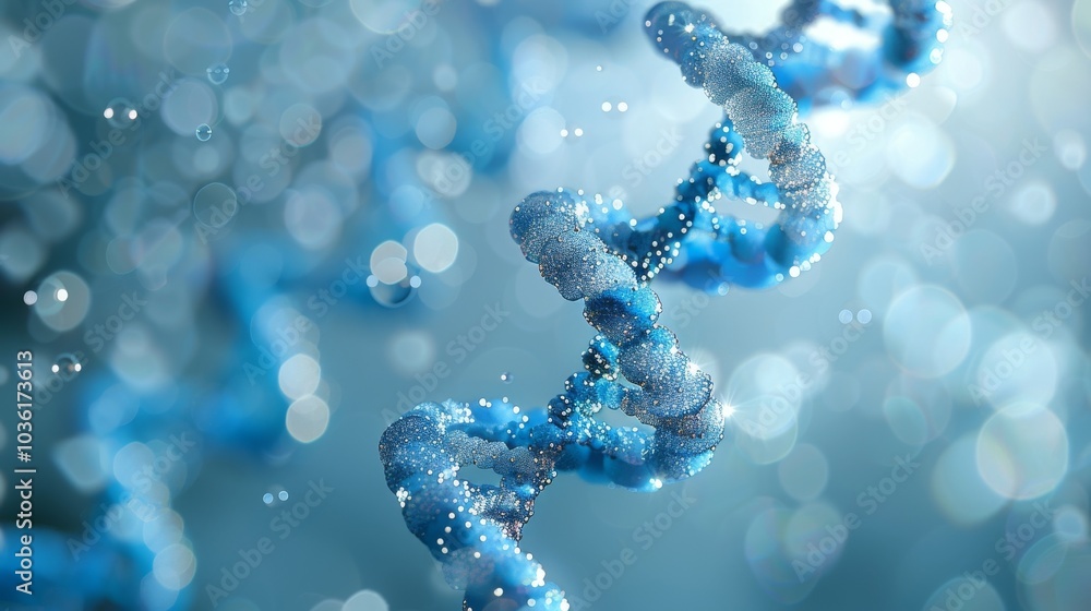 Blue DNA double helix spiral surrounded by soft light bokeh and bubbles, elegantly displayed on a blue backdrop Blue DNA double helix spiral surrounded by soft light bokeh and bubbles, elegantly displayed on a blue backdrop