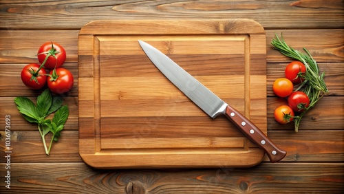 Sharp knife is lying on a cutting board surrounded by fresh vegetables on a rustic wood table photo