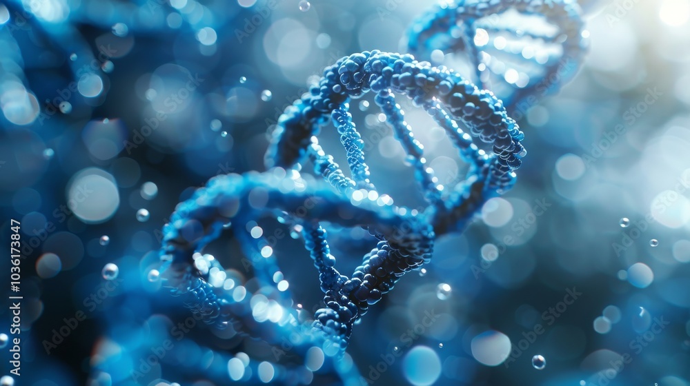 Blue DNA double helix spiral surrounded by soft light bokeh and bubbles, elegantly displayed on a blue backdrop Blue DNA double helix spiral surrounded by soft light bokeh and bubbles, elegantly displayed on a blue backdrop