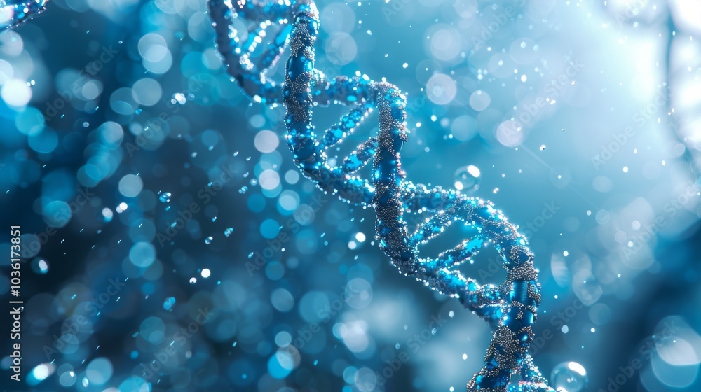 Blue DNA double helix spiral surrounded by soft light bokeh and bubbles, elegantly displayed on a blue backdrop Blue DNA double helix spiral surrounded by soft light bokeh and bubbles, elegantly displayed on a blue backdrop