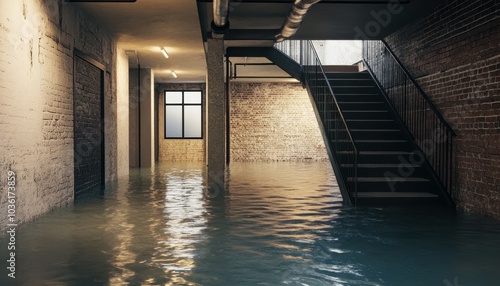 Water damage in an industrial basement space after heavy rainfall in the city
