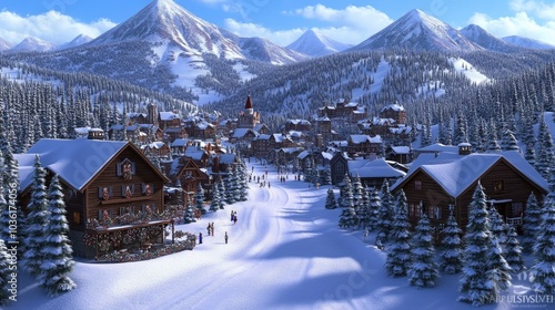 Fototapeta Naklejka Na Ścianę i Meble -  A picturesque small town comes alive with Christmas decorations, as people stroll through the snow-covered streets amid the scenic mountains