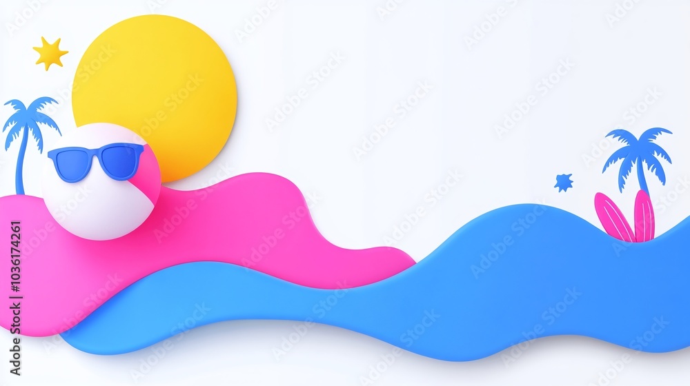 Abstract summer-themed design, featuring pink and blue waves, yellow sun, beach ball with sunglasses, tropical palms, vibrant and playful illustration, white background
Abstract summer-themed design, featuring pink and blue waves, yellow sun, beach ball with sunglasses, tropical palms, vibrant and playful illustration, white background