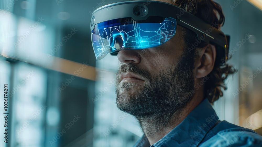 Professional in an office, using a high-tech AR interface with a headset for managing business projects Professional in an office, using a high-tech AR interface with a headset for managing business projects