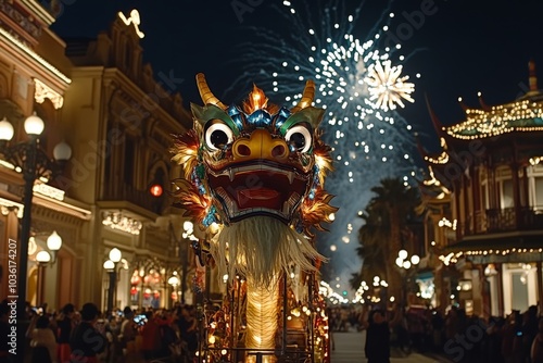 Illuminated dragon head at night parade with fireworks photo