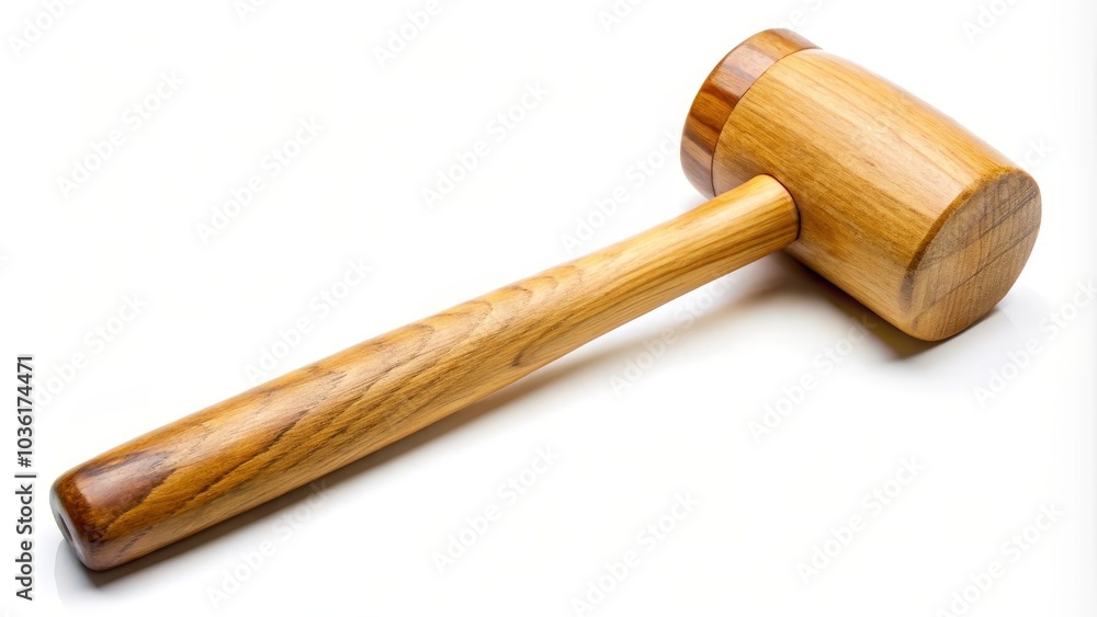 Polished wooden mallet is laying on a white surface Polished wooden mallet is laying on a white surface