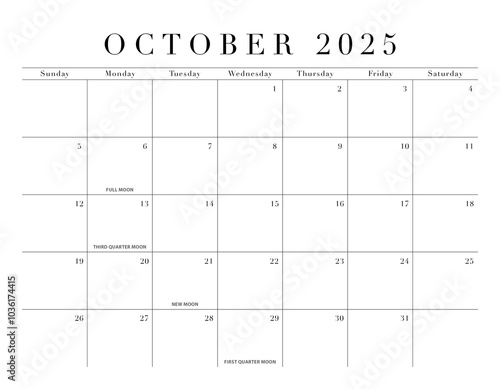 October 2025 Elegant Month Calendar Grid for North America, transparent background