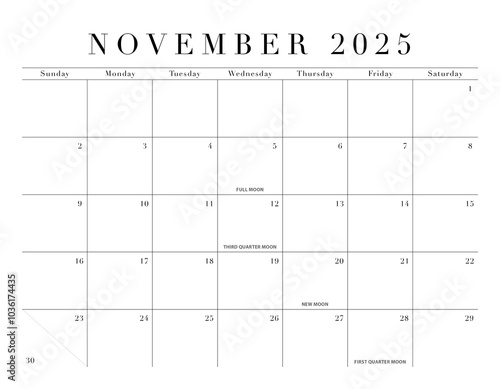 November 2025 Elegant Month Calendar Grid for North America, transparent background