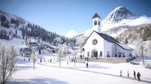 Fototapeta Naklejka Na Ścianę i Meble -  A picturesque small town comes alive with Christmas decorations, as people stroll through the snow-covered streets amid the scenic mountains