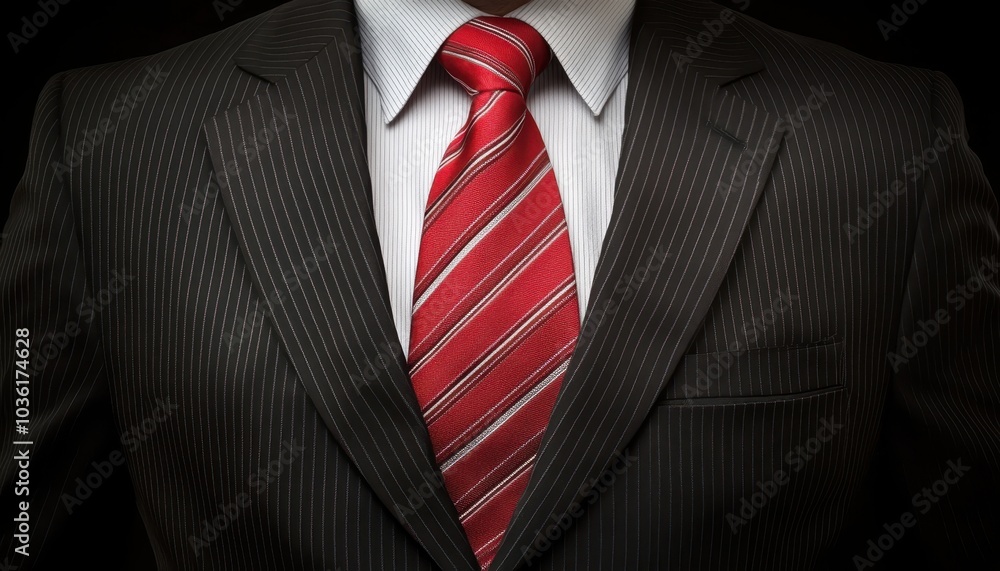 Professional man in a pinstripe suit with a red tie against a dark background Professional man in a pinstripe suit with a red tie against a dark background