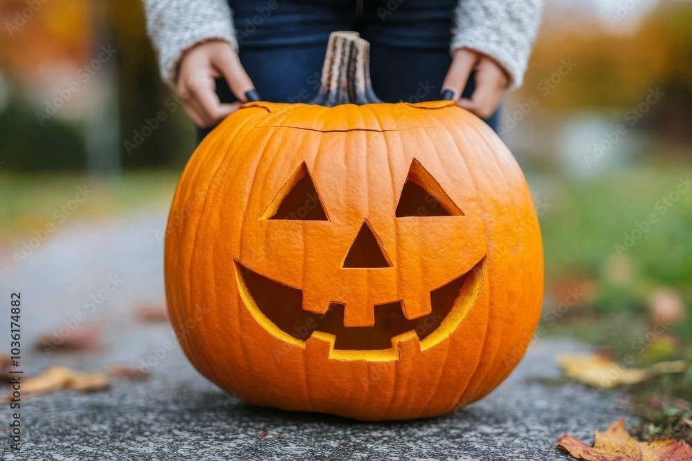Person holding a carved jack o’ lantern on a sidewalk symbolizing Halloween festivity and excitement in a suburban autumn setting with vibrant fall colors Person holding a carved jack o’ lantern on a sidewalk symbolizing Halloween festivity and excitement in a suburban autumn setting with vibrant fall colors