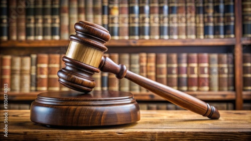 Wooden gavel is resting on a sound block on a desk in a law library, with shelves of law books in the background