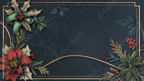 Merry Christmas and Happy New Year. Bright holiday frame. New Year background with flowers.