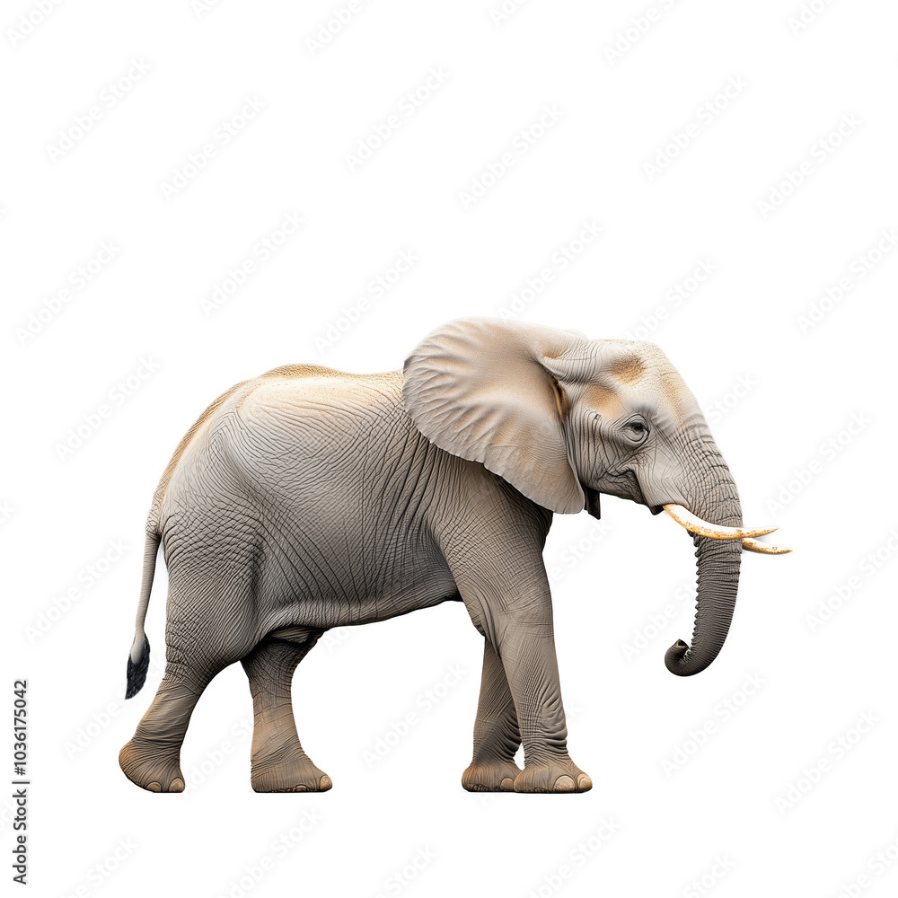 Fototapeta premium Elephant with tusks standing on a transparent background, showcasing its large grey body