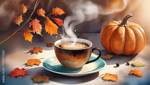 A autumn illustration of a pumpkin with hot cup of caffe latte with orange, red, yellow autumn leaves spread across the table.