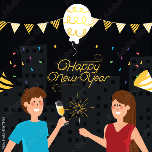 New Year celebration with sparklers and champagne, Vector