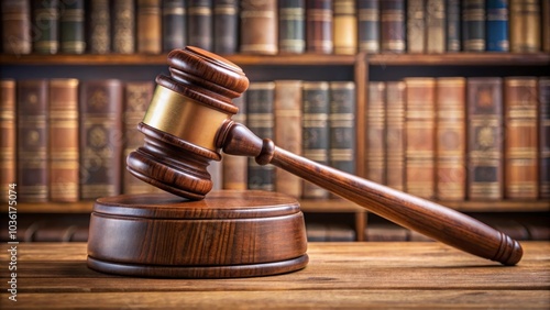 Wooden gavel is resting on a sound block on a desk in a law library, with shelves of law books in the background