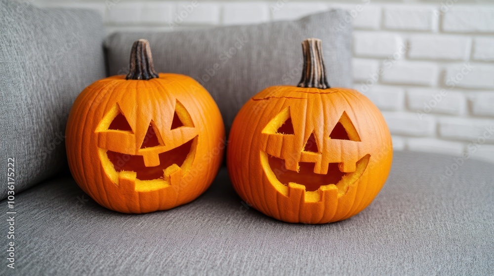 Two Jack-o'-Lanterns on a Couch Two Jack-o'-Lanterns on a Couch