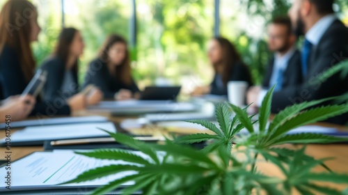 A group of people discussing cannabis policy reform at a roundtable, with charts and reports in the background