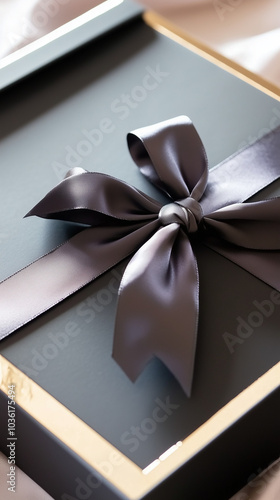 Black gift box with satin ribbon bow on soft background