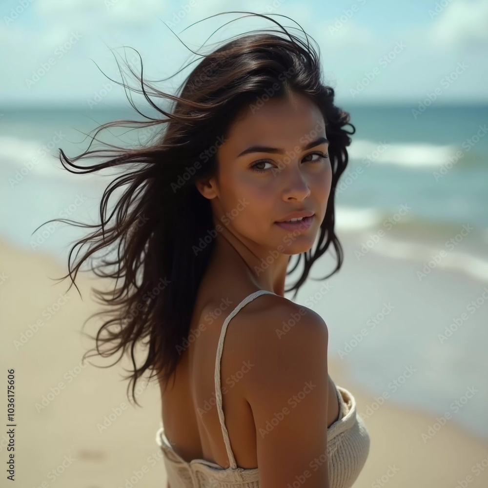 A brunette woman in a swimsuit gazes back while standing near the shoreline. Gentle sea waves lap at her feet under a clear blue sky. Long hair, beautiful young face. Travel and clothing adverts. AI A brunette woman in a swimsuit gazes back while standing near the shoreline. Gentle sea waves lap at her feet under a clear blue sky. Long hair, beautiful young face. Travel and clothing adverts. AI